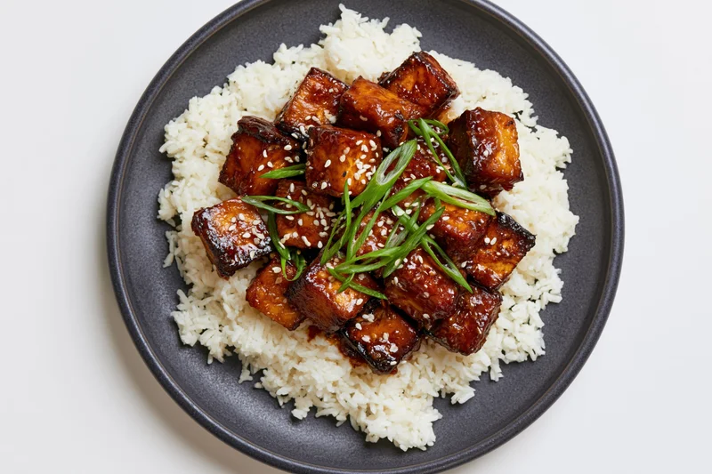 Teriyaki tofu cubes with sesame seeds and green onions served over white rice on a dark matte ceramic plate in overhead flat-lay view