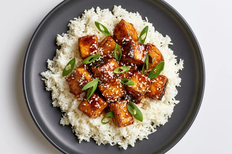 Overhead view of glazed tofu cubes on white rice with sesame seeds and scallions on a dark matte ceramic plate