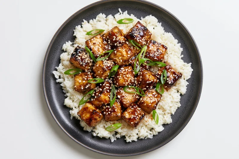 Glazed tofu cubes with sesame seeds and green onions on white rice served on a dark matte ceramic plate