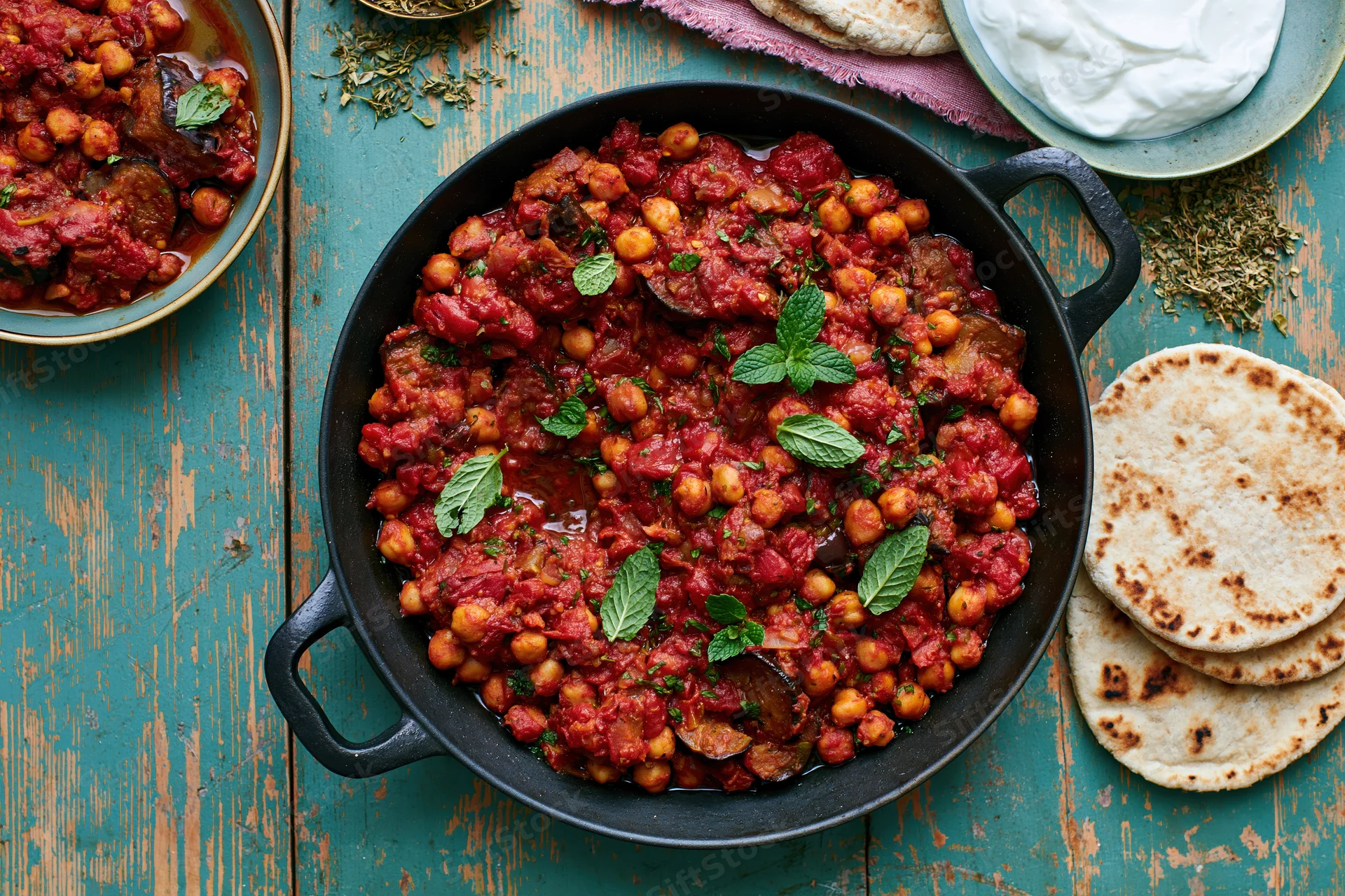 Overhead flat-lay of a cast-iron skillet filled with tomato-based chickpea stew garnished with mint on a rustic turquoise wooden table with flatbread and yogurt nearby