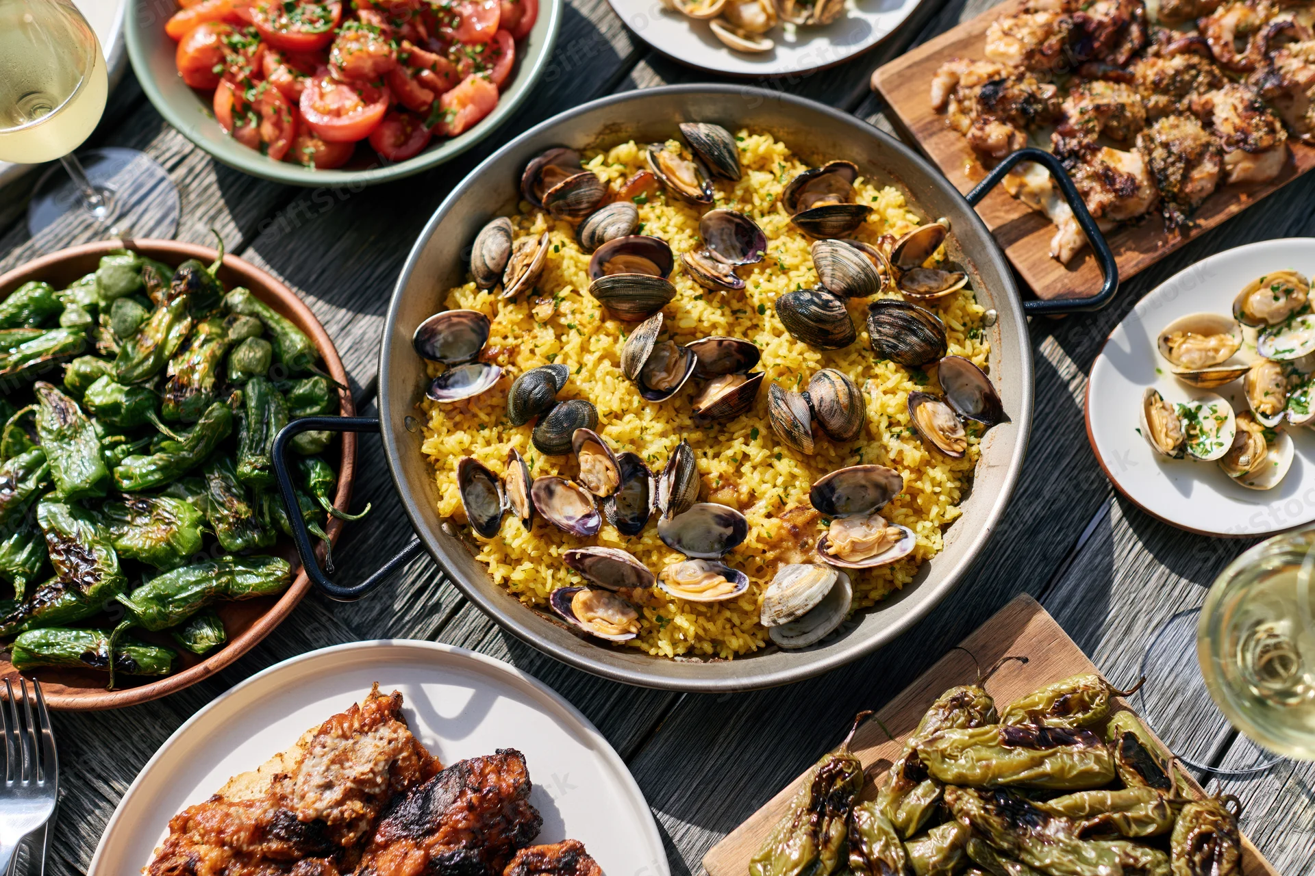 Overhead view of a shared spanish tapas spread with paella, grilled peppers, and wine on a wooden table