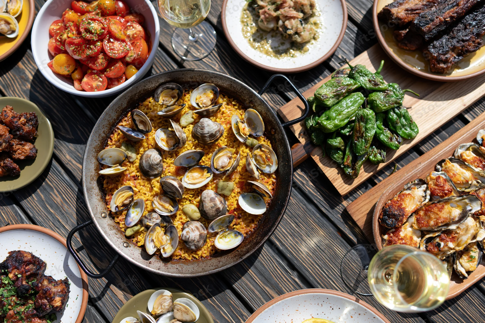 Overhead view of a shared spanish tapas spread with paella, grilled vegetables, seafood, and wine on a wooden table