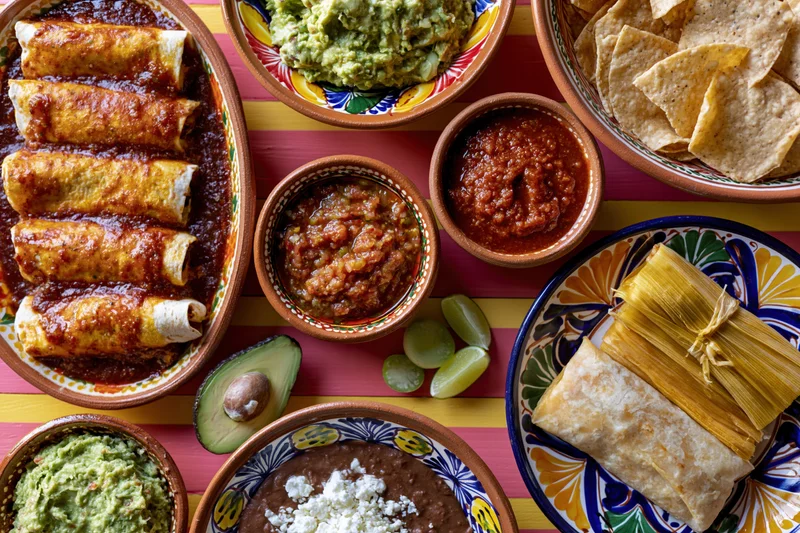 Overhead flat-lay of a traditional mexican food spread with enchiladas, tamales, guacamole, salsa, and chips on a
