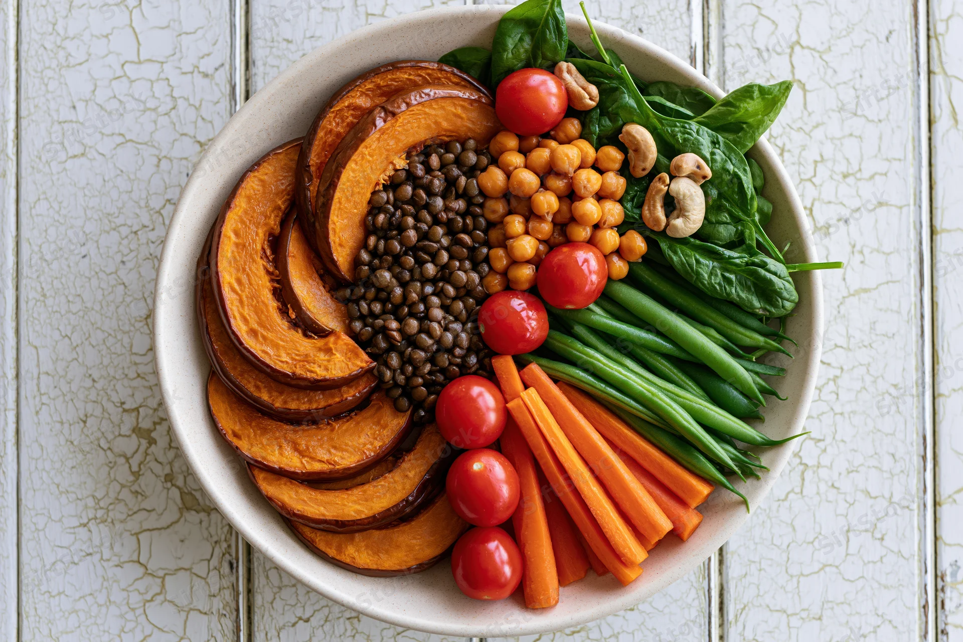 Overhead view of a ceramic bowl filled with roasted pumpkin, lentils, chickpeas, spinach, carrots, green beans, tomatoes and cashews on a crackled white wooden surface