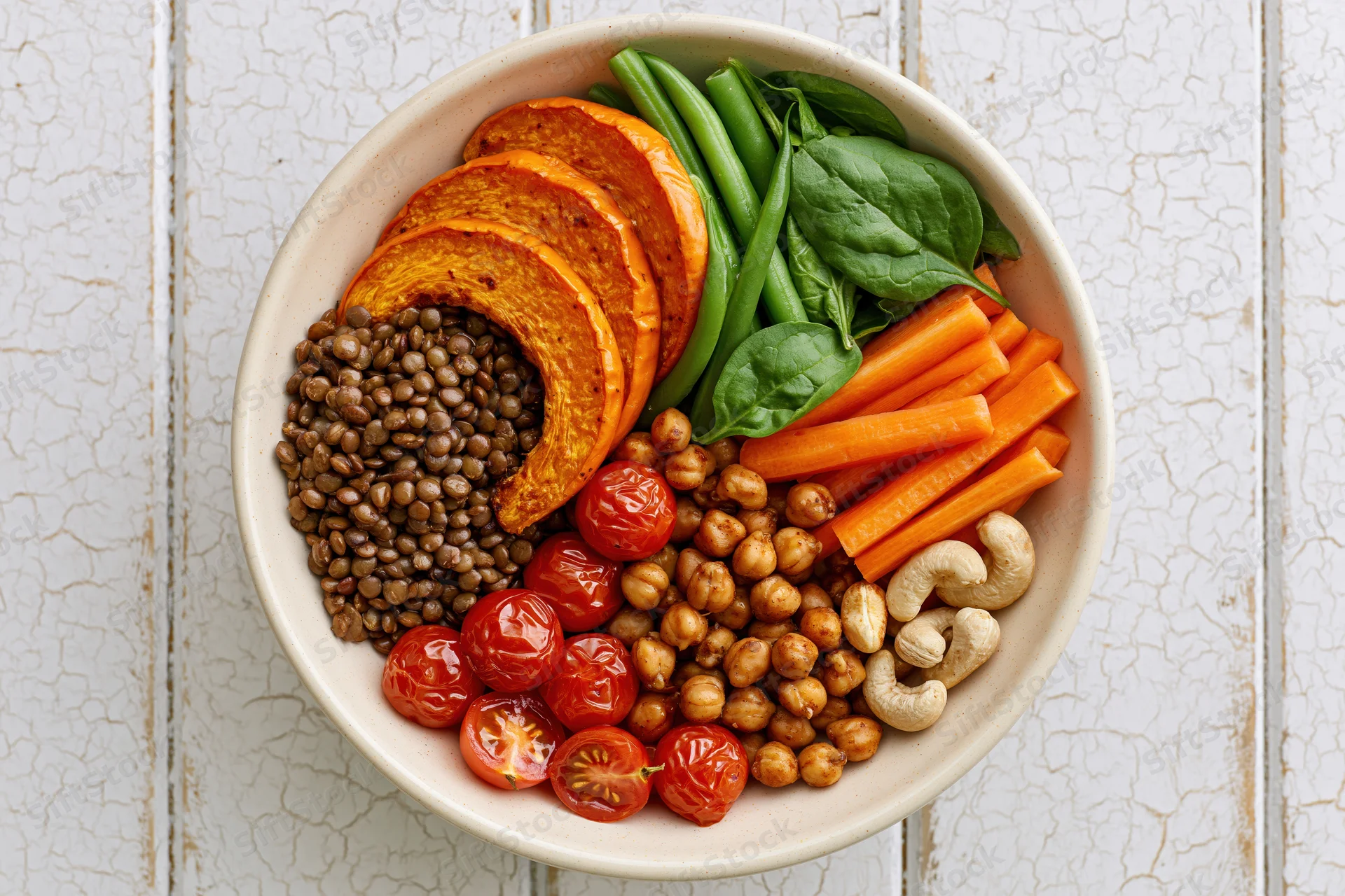 Overhead view of a ceramic bowl filled with lentils, chickpeas, roasted squash, carrots, spinach, green beans, cherry tomatoes, and cashews on a white crackled wooden surface