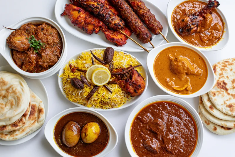Overhead flat-lay of an indian nonvegetarian feast spread with biryani, kebabs, curries, naan and garnishes on white surface