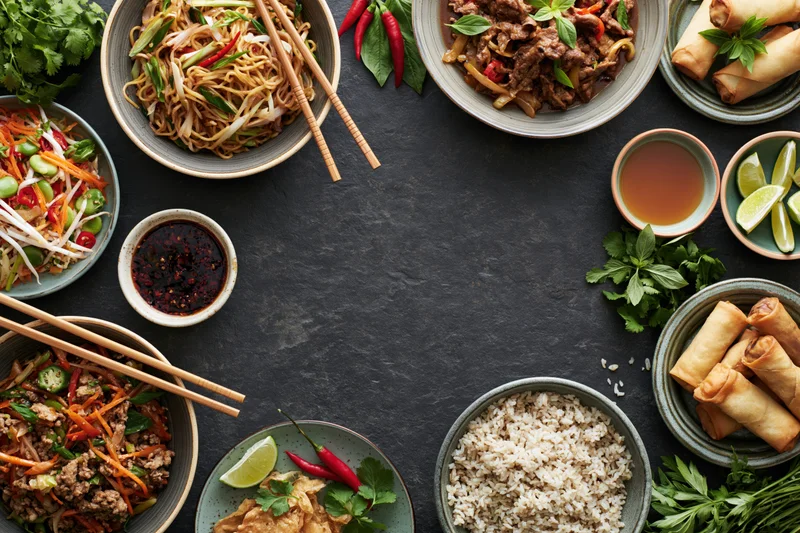 Assorted asian dishes arranged in a border around a dark slate table with chopsticks and garnishes