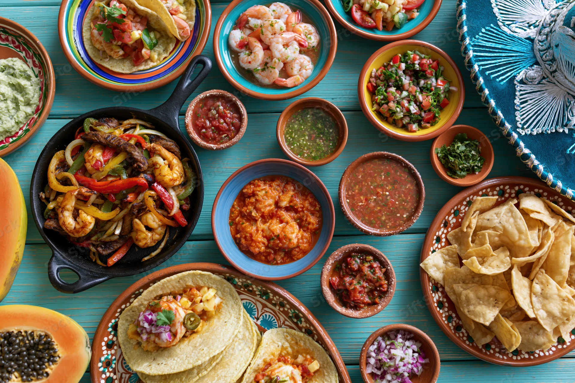 Overhead flat-lay of assorted traditional Mexican dishes on a blue wooden table