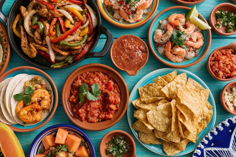 Overhead flat-lay of assorted traditional Mexican dishes on a blue wooden table