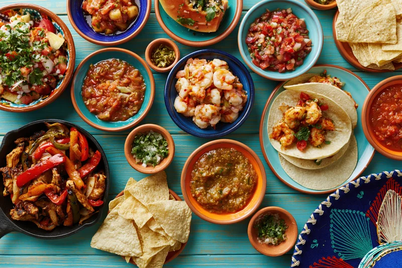 Overhead flat-lay of assorted traditional Mexican dishes on a blue wooden table with tortillas, tacos, salsa, and chips arranged around a decorative textile