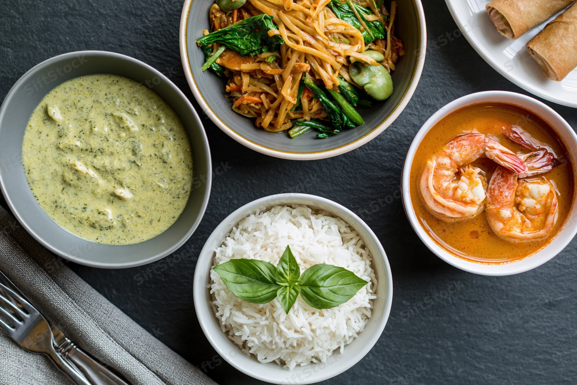 Overhead flat-lay of four thai dishes arranged on dark slate table with bowls of curry, noodles, rice, and shrimp spring rolls
