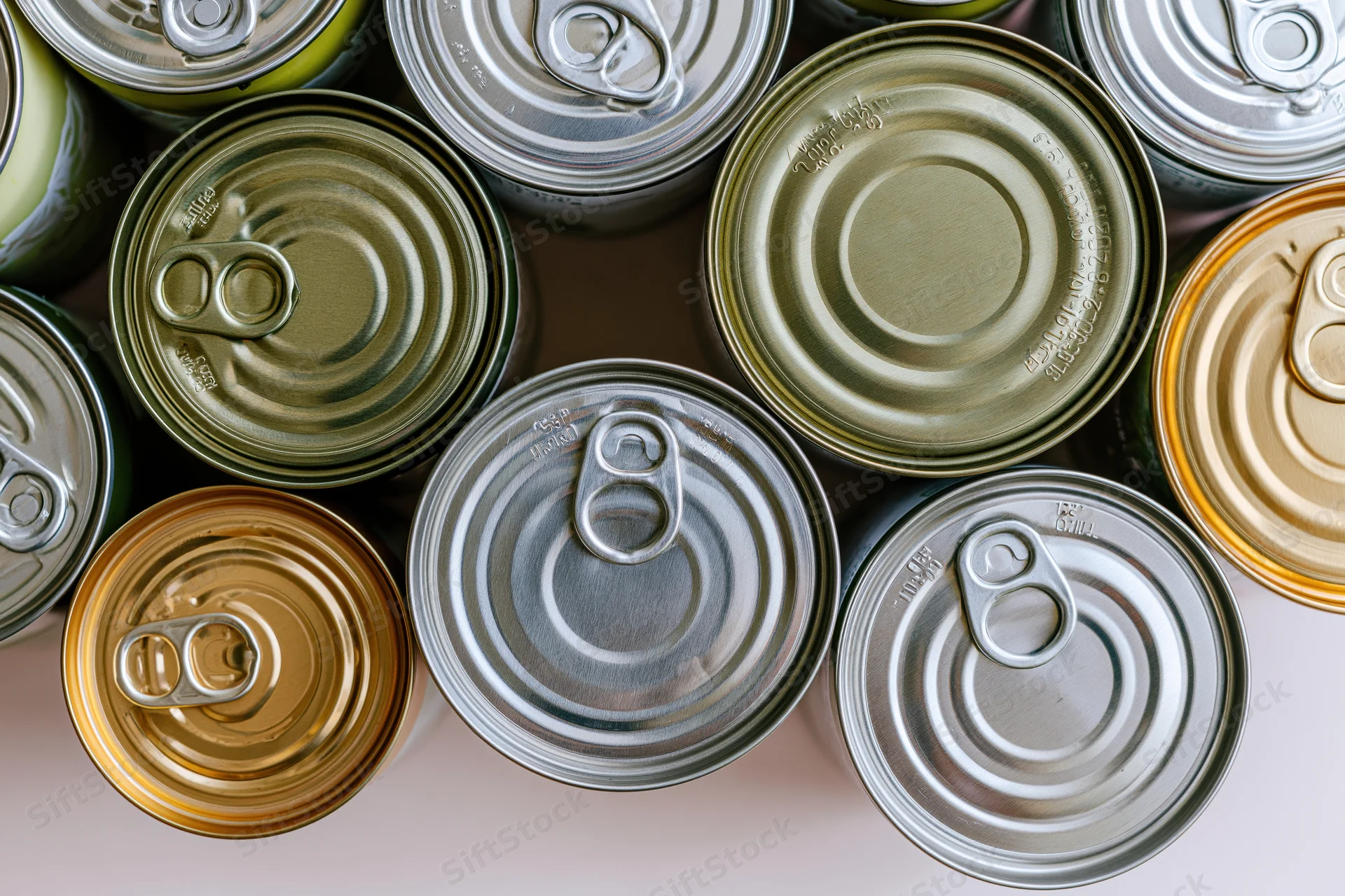 Overhead flat-lay of multiple metal food cans arranged closely on a light surface
