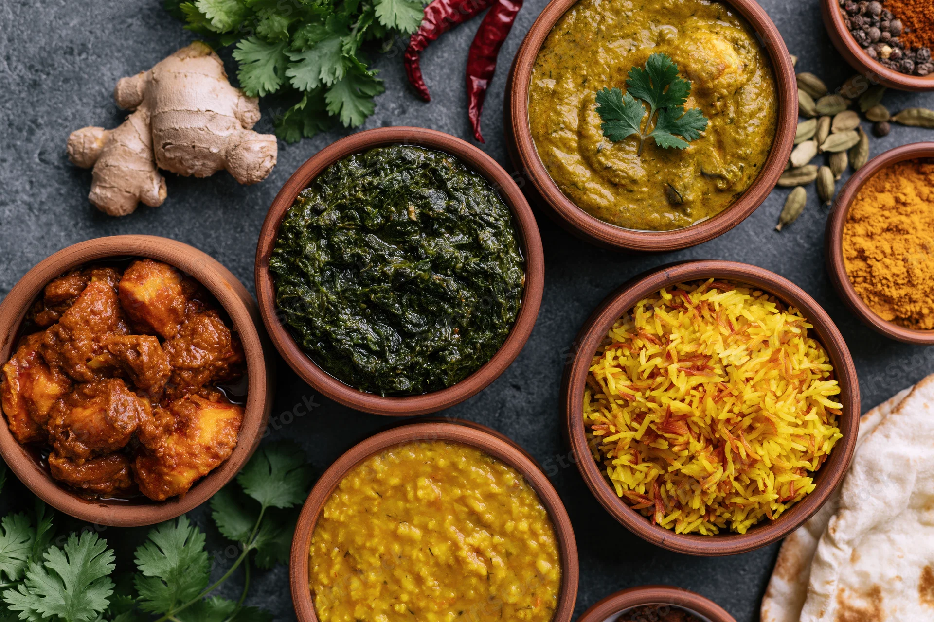 Overhead flat-lay of indian dishes in clay bowls arranged on dark stone surface with spices and herbs