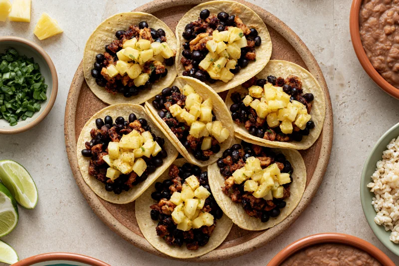 Six small corn tortilla tacos topped with pineapple and black beans arranged on a round ceramic plate with lime wedges and cilantro nearby