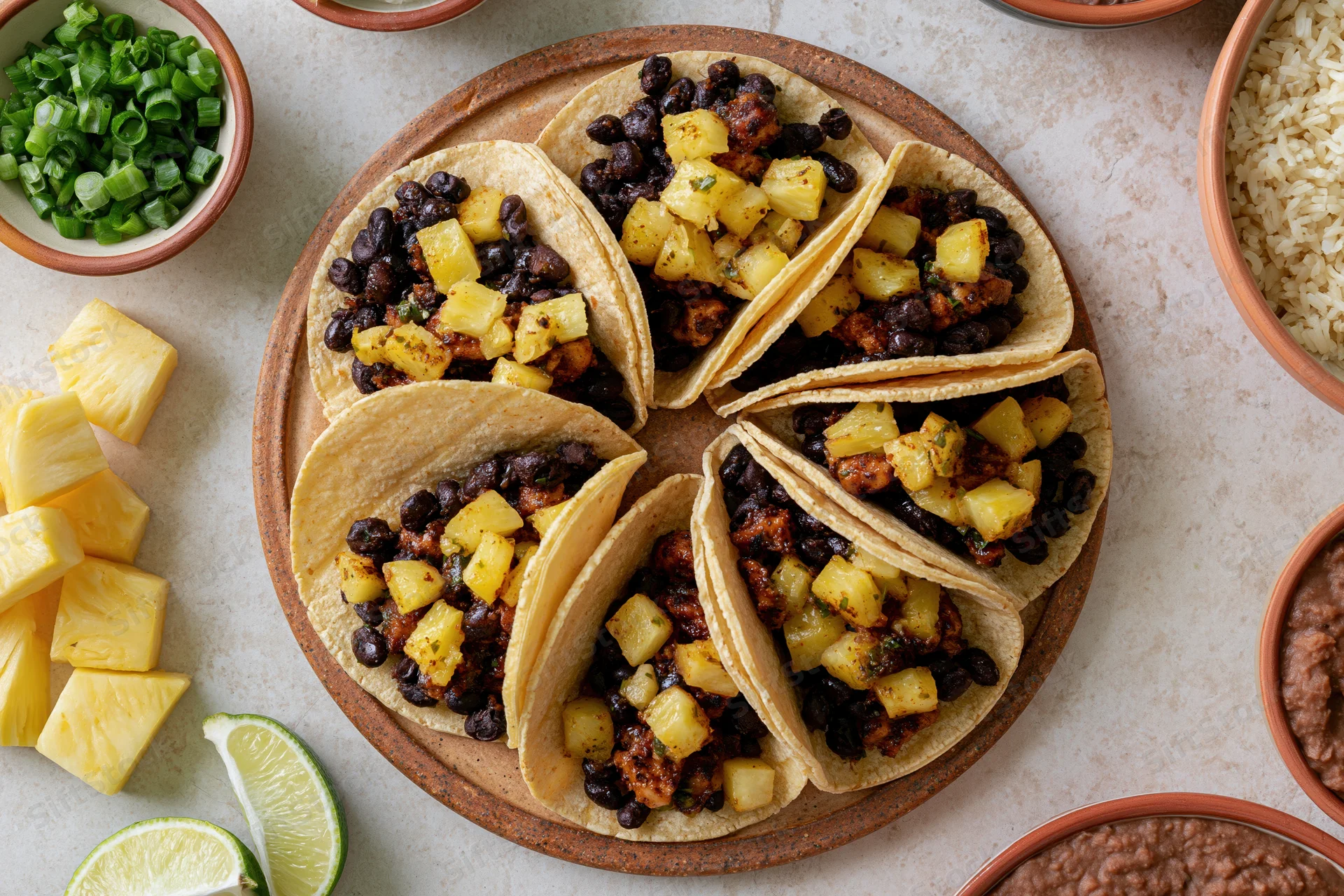 Six corn tortilla tacos filled with black beans, pineapple and meat arranged in a circle on a ceramic platter with side dishes around