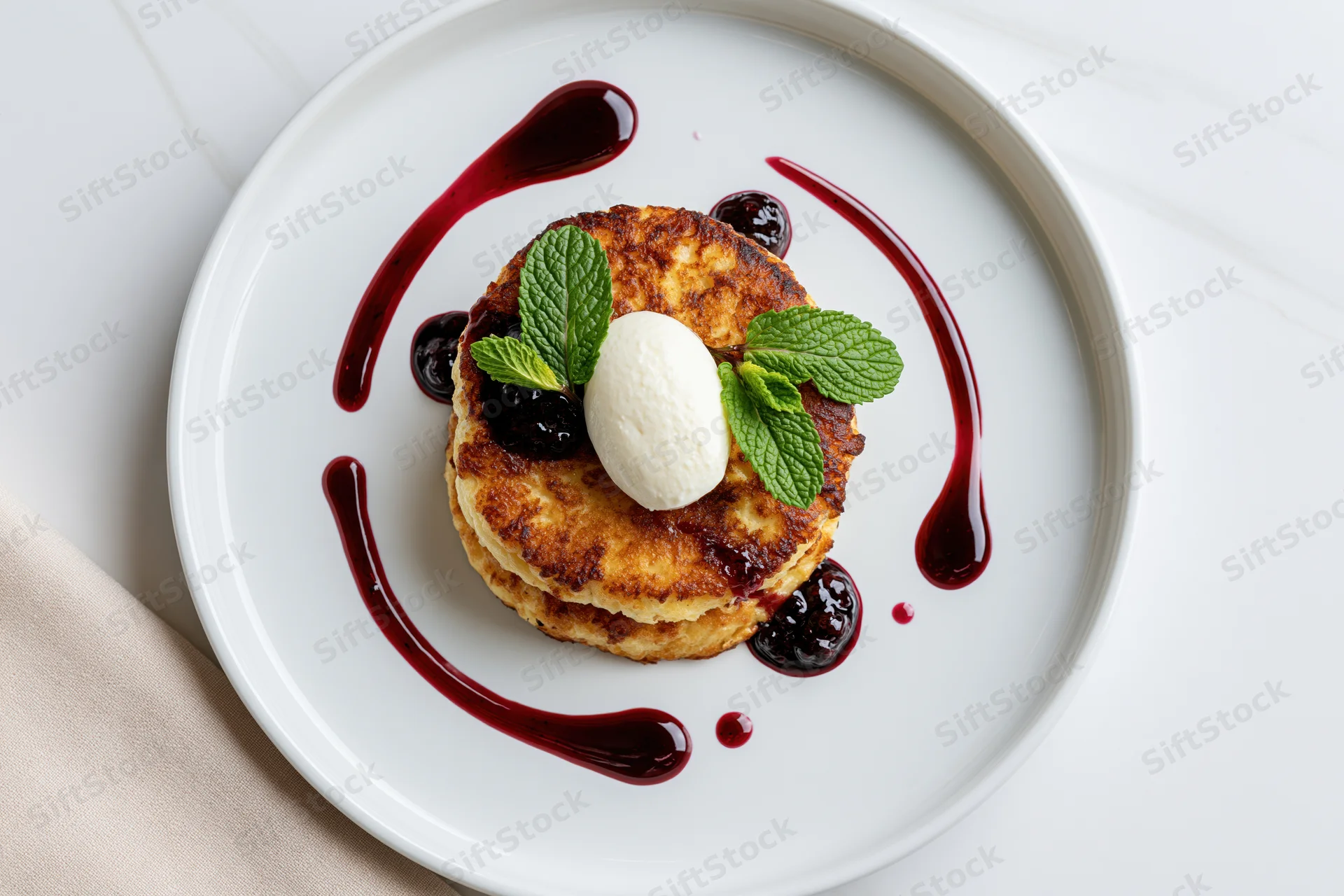 Stacked golden cheese pancakes with mint and berry sauce on a white plate