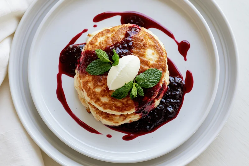 Stack of golden cheese pancakes with berry sauce and mint garnish on white plate