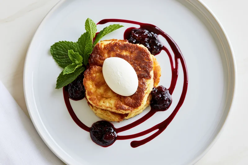 Stacked golden pan-fried cheese pancakes with cream and berry sauce on white plate