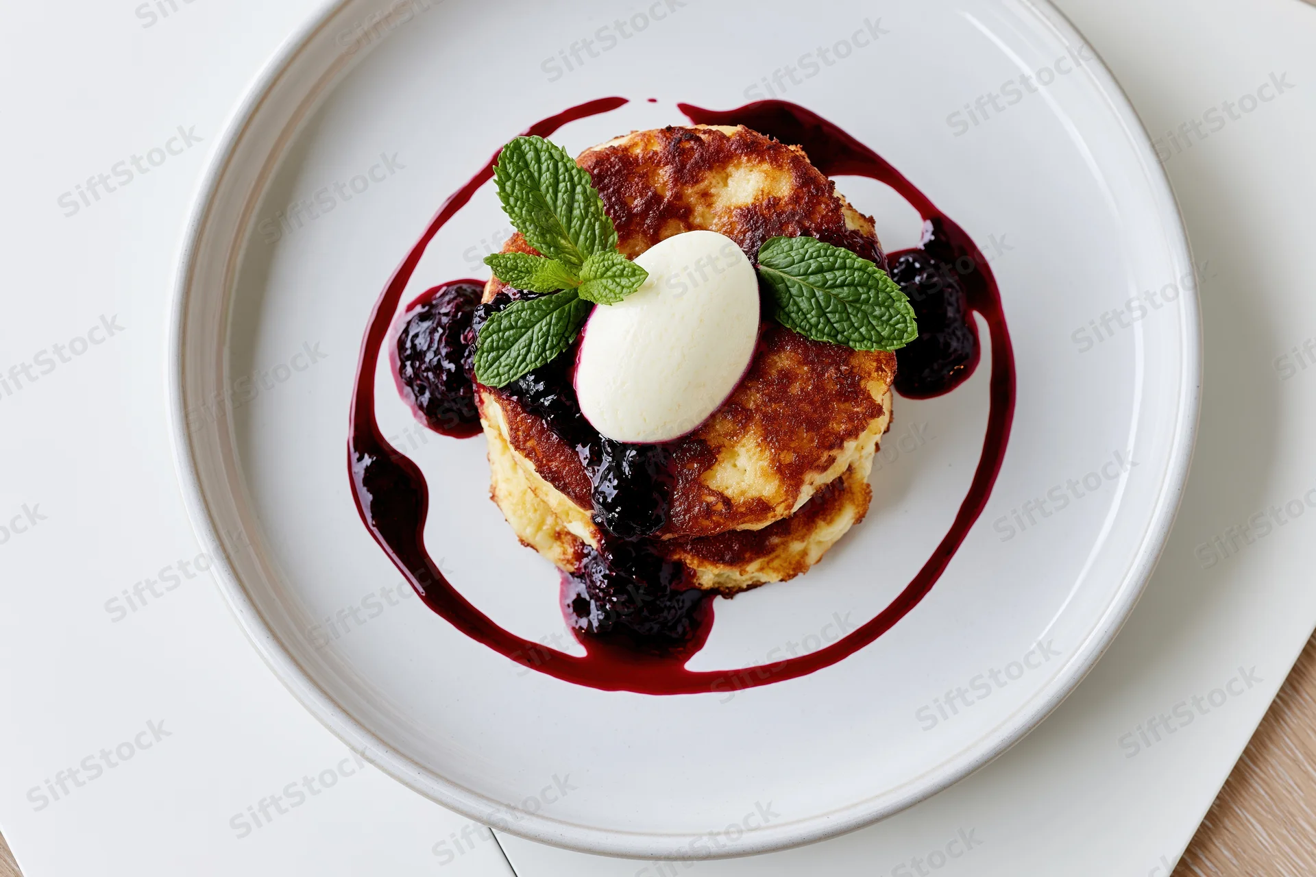 Stacked golden cheese pancakes with berry sauce and mint garnish on white plate