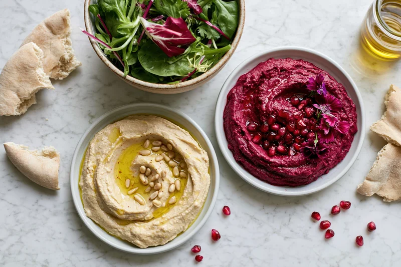 Overhead flat-lay of hummus, beet dip, and salad with pita on white marble surface