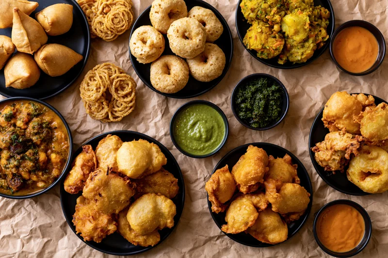 Overhead flat-lay of indian street food snacks including samosas and chutneys on crumpled brown paper