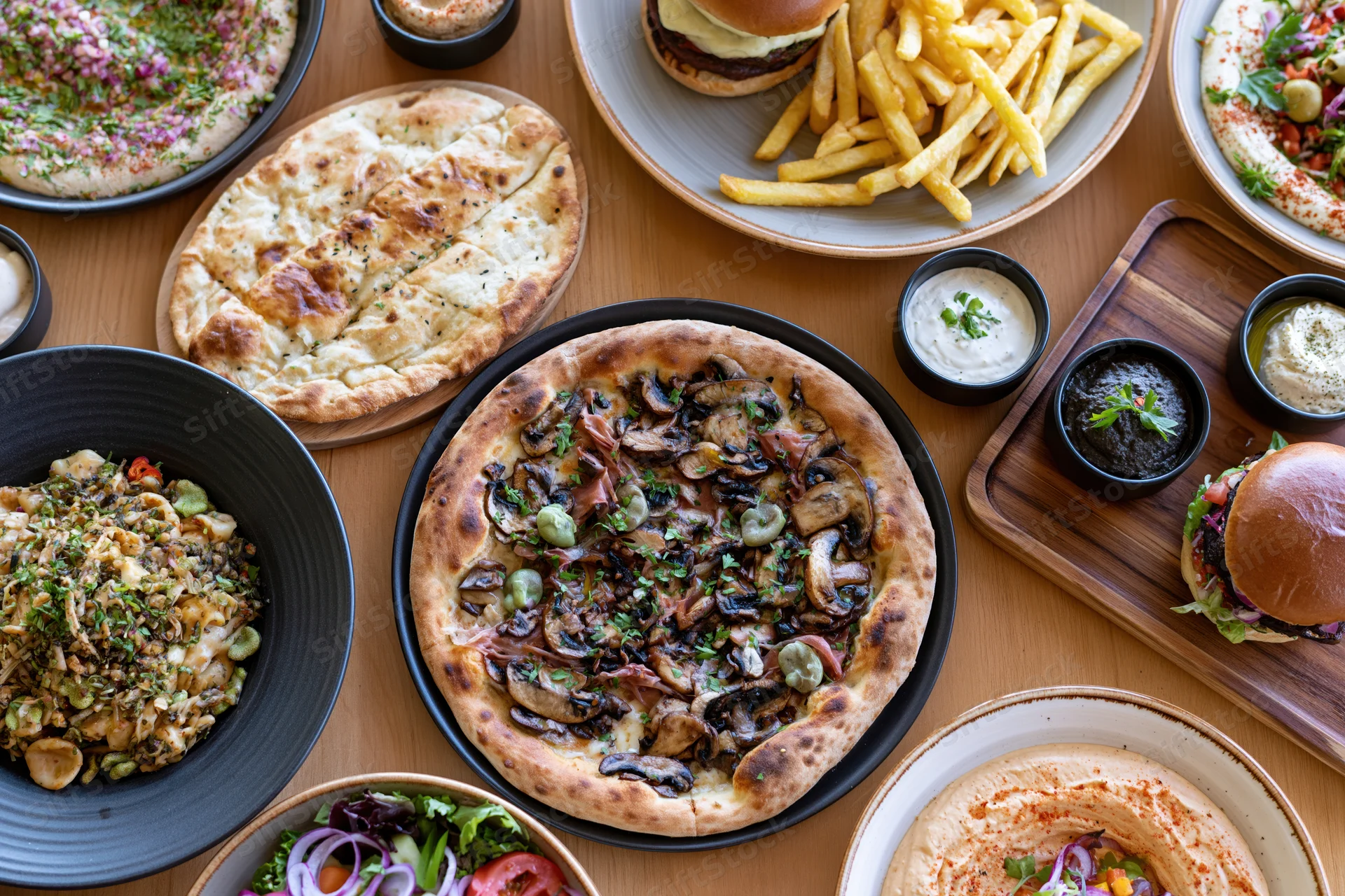 Overhead view of a restaurant table filled with pizzas, burgers, fries, salads, and flatbreads arranged for sharing