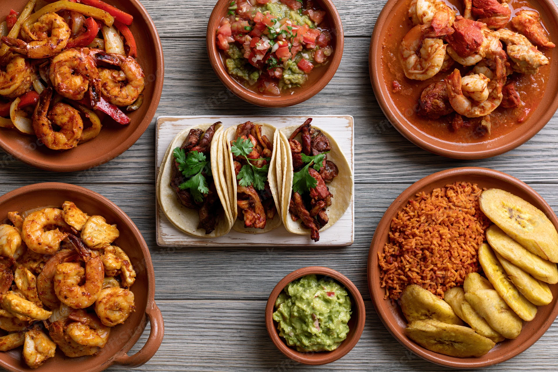 Overhead flat-lay of traditional mexican dishes including tacos, shrimp, rice, guacamole, and plantains on a wooden table