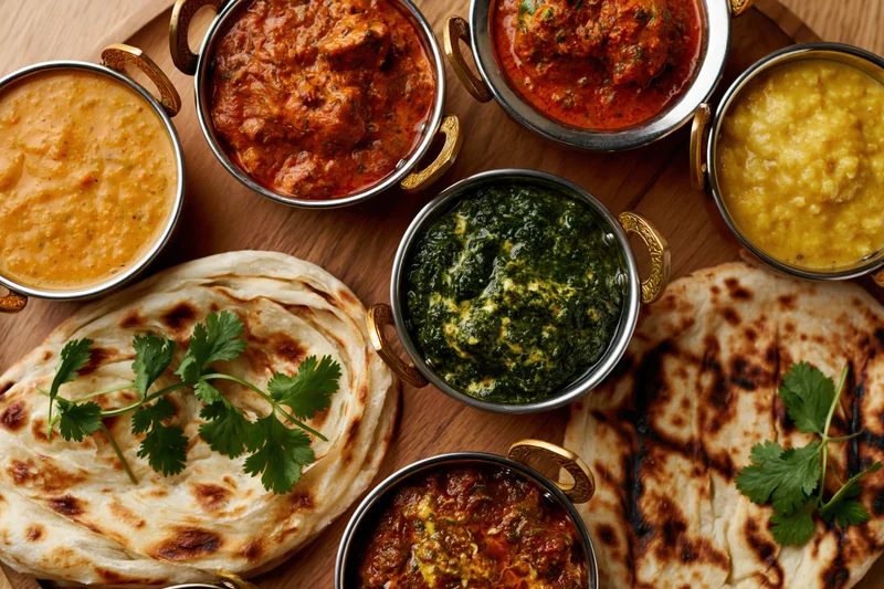 Indian curry dishes served in brass bowls with naan bread on wooden tray, overhead view