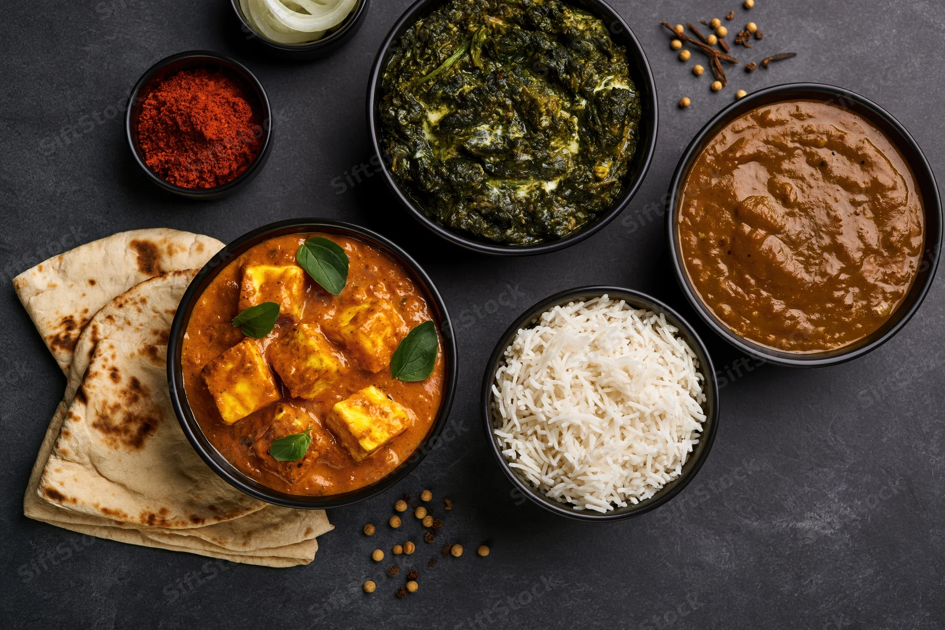 Overhead flat lay of indian vegetarian meal with paneer curry, palak, dal, rice, naan, and spices on dark surface
