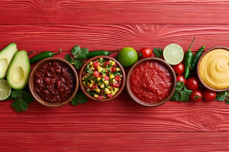 Overhead flat lay of mexican dips and condiments arranged on red wooden table with fresh ingredients surrounding them