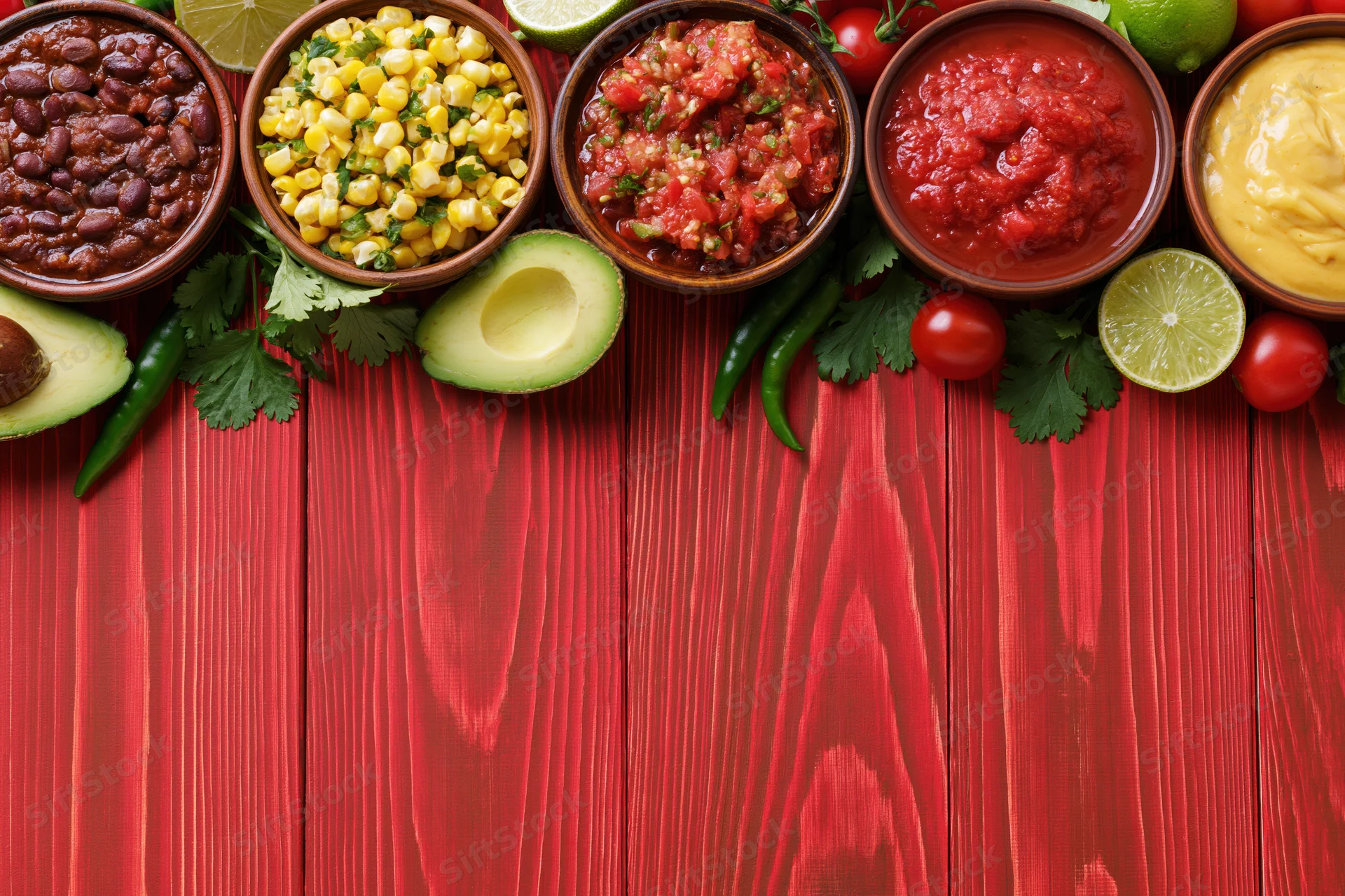 Overhead flat lay of mexican dips and condiments arranged on red wooden table with copyspace below