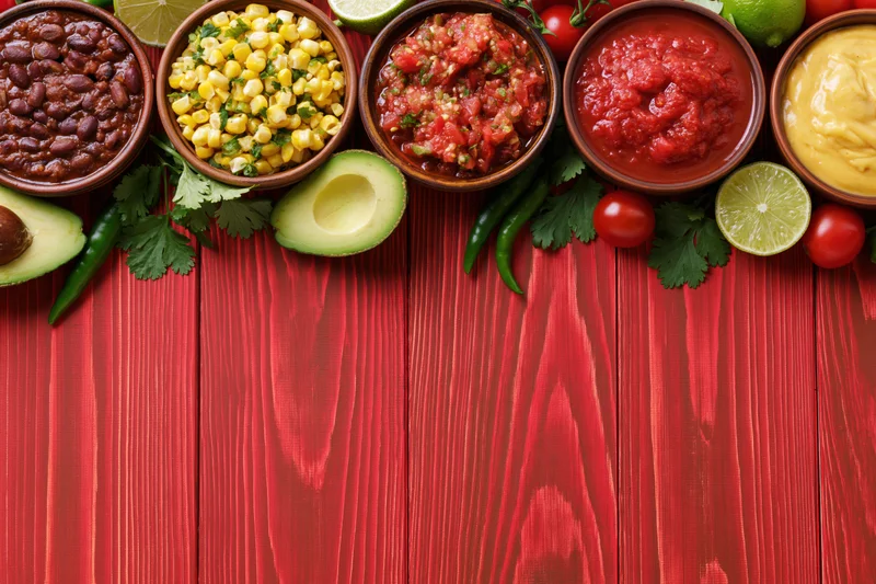 Overhead flat lay of mexican dips and condiments arranged on red wooden table with copyspace below