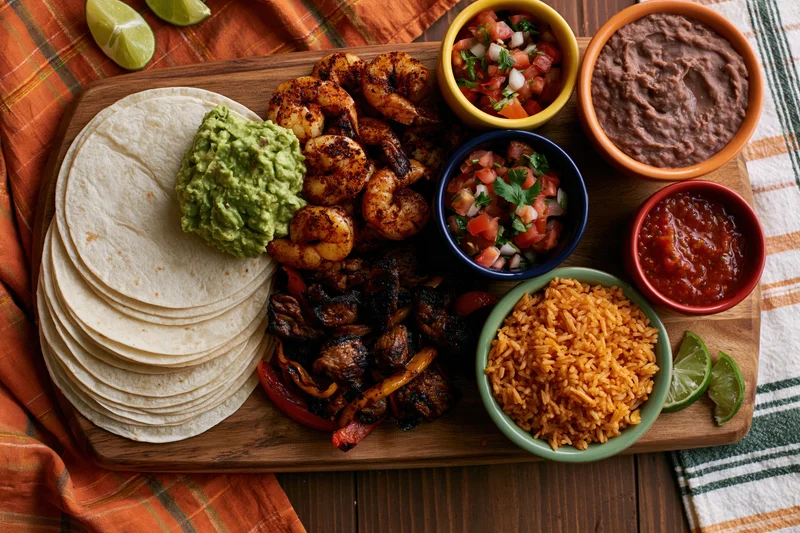 Overhead flat lay of mexican fajita spread with tortillas, grilled shrimp, meat, rice, guacamole, salsa, pico de gallo, refried beans, and lime wedges on wooden cutting board