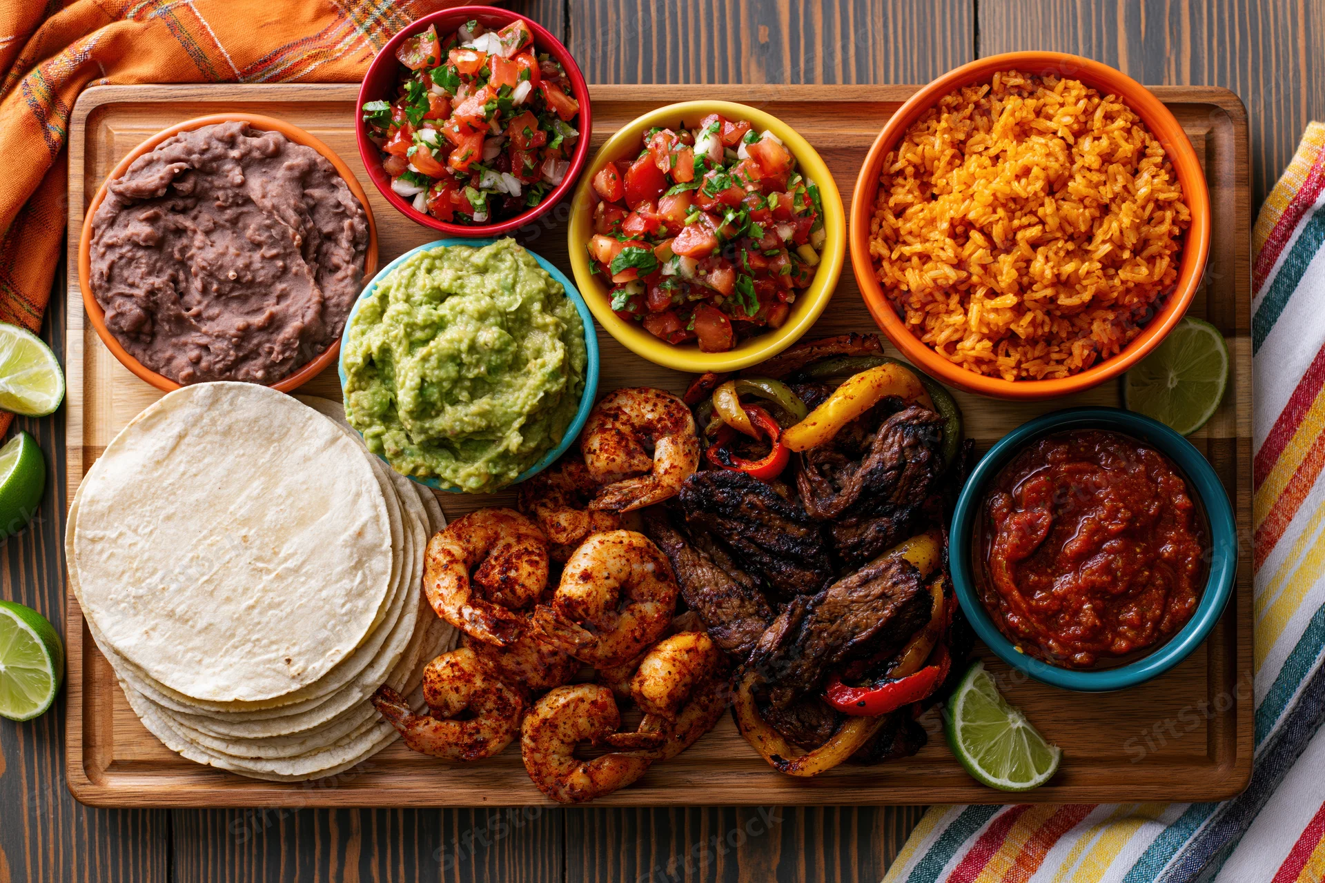 Overhead flat lay of a mexican fajita spread with tortillas, shrimp, steak, guacamole, refried beans, rice, salsa, and lime on a wooden tray