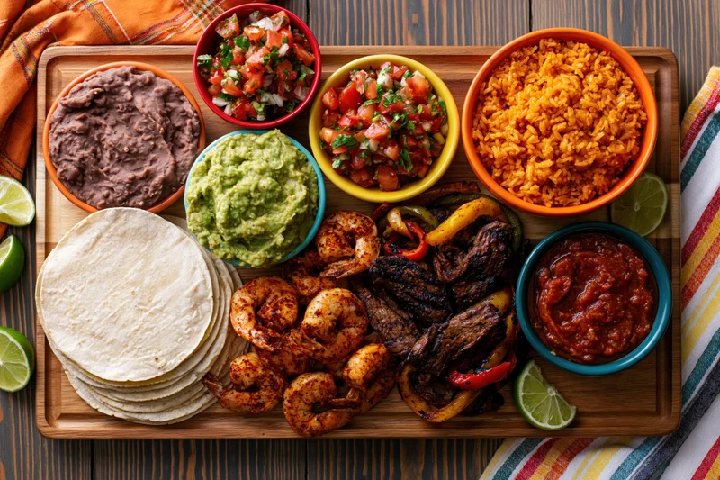 Overhead flat lay of a mexican fajita spread with tortillas, shrimp, steak, guacamole, refried beans, rice, salsa, and lime on a wooden tray