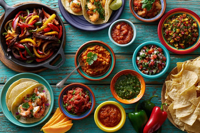 Overhead flat lay of mexican food spread with tacos, fajitas, salsas, guacamole, chips and peppers on turquoise wooden table