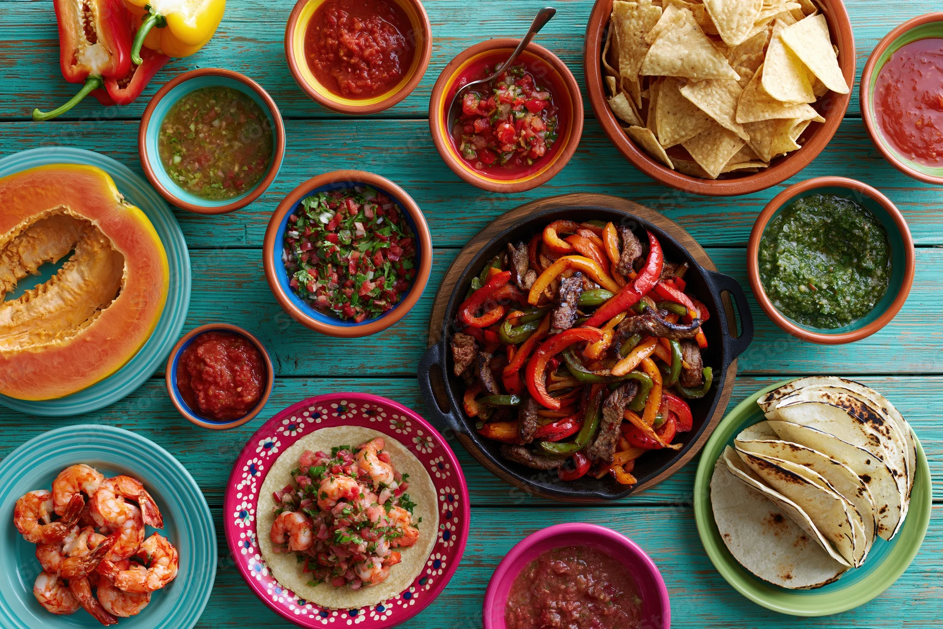 Overhead flat lay of mexican food spread on turquoise wooden table with tortillas, fajitas, salsa, chips and shrimp tacos
