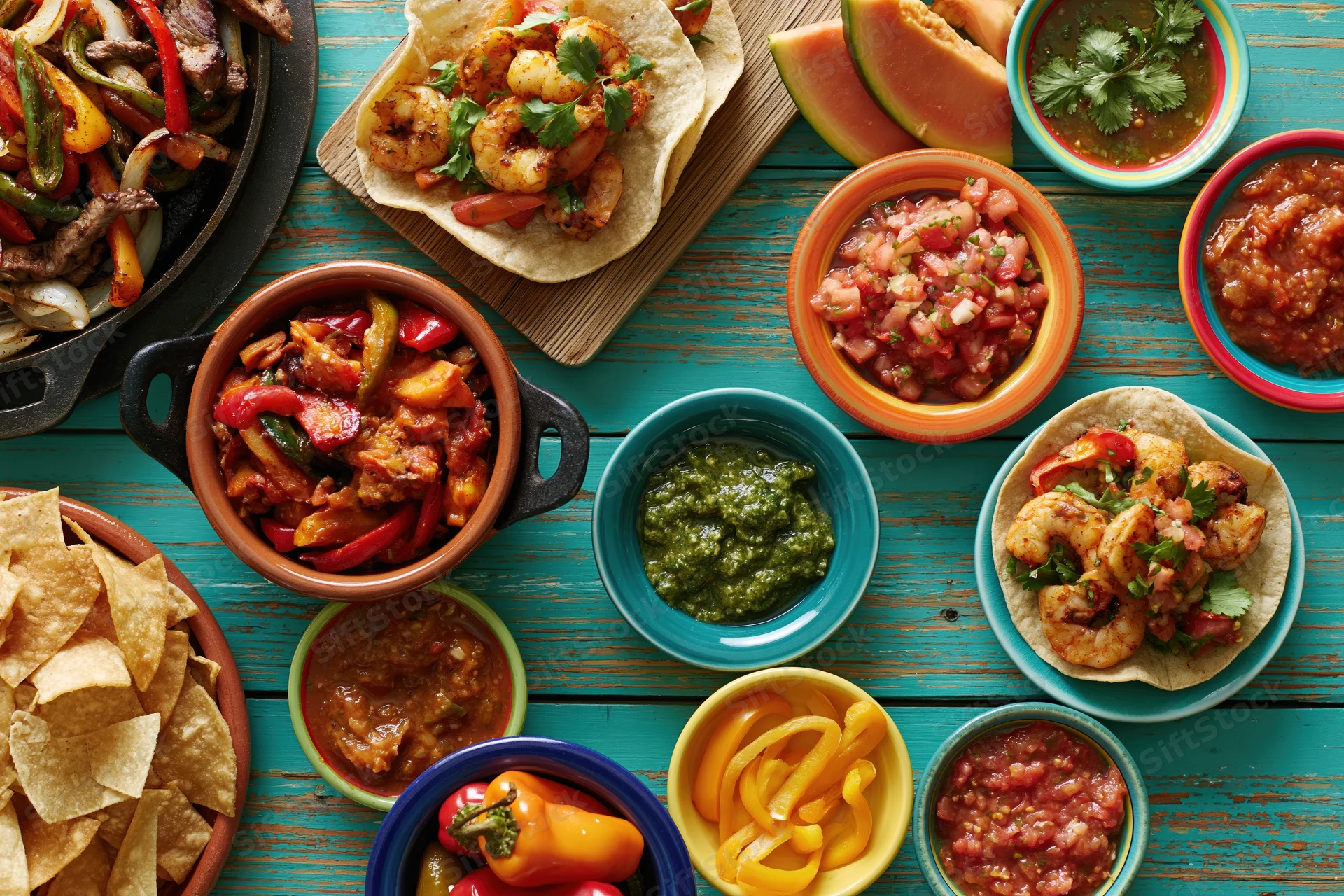 Overhead flat lay of mexican food spread on turquoise wooden table with bowls of salsa, guacamole, fajitas, shrimp tacos, chips and watermelon slices