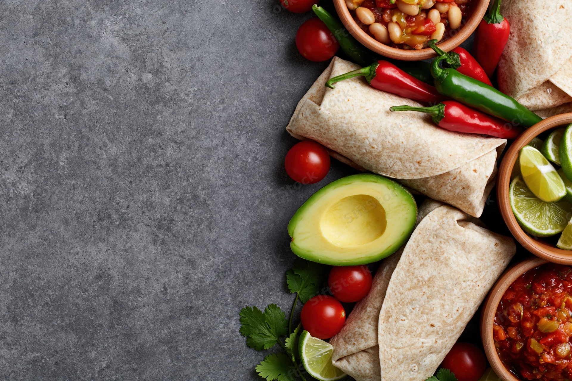 Mexican food spread with burritos, avocado, chili, lime and salsa arranged along the right side on gray surface