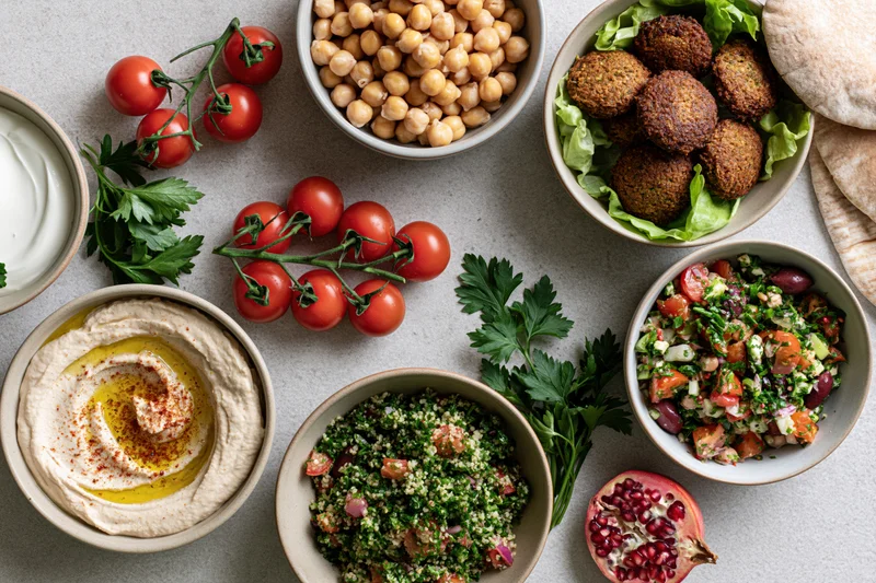 Overhead flat lay of middle eastern mezze spread with hummus, falafel, tabbouleh, salad, chickpeas, tomatoes, parsley, pomegranate, and pita on a light gray surface