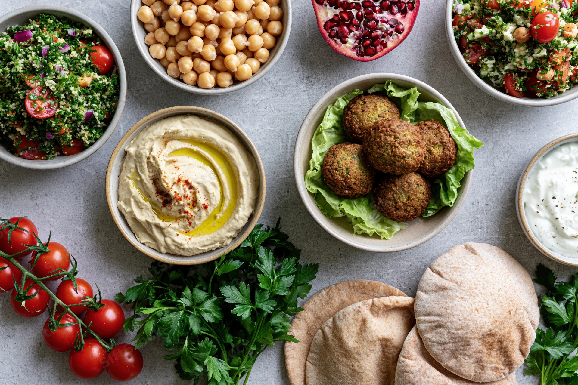 Overhead flat lay of middle eastern mezze spread with hummus, falafel, tabbouleh, pita, and fresh vegetables on a light gray surface