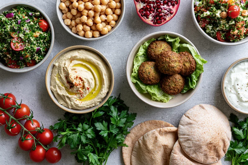 Overhead flat lay of middle eastern mezze spread with hummus, falafel, tabbouleh, pita, and fresh vegetables on a light gray surface