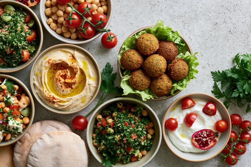 Overhead flat lay of middle eastern mezze spread with hummus, falafel, tabbouleh, pita, yogurt, cherry tomatoes, and parsley on a light gray countertop