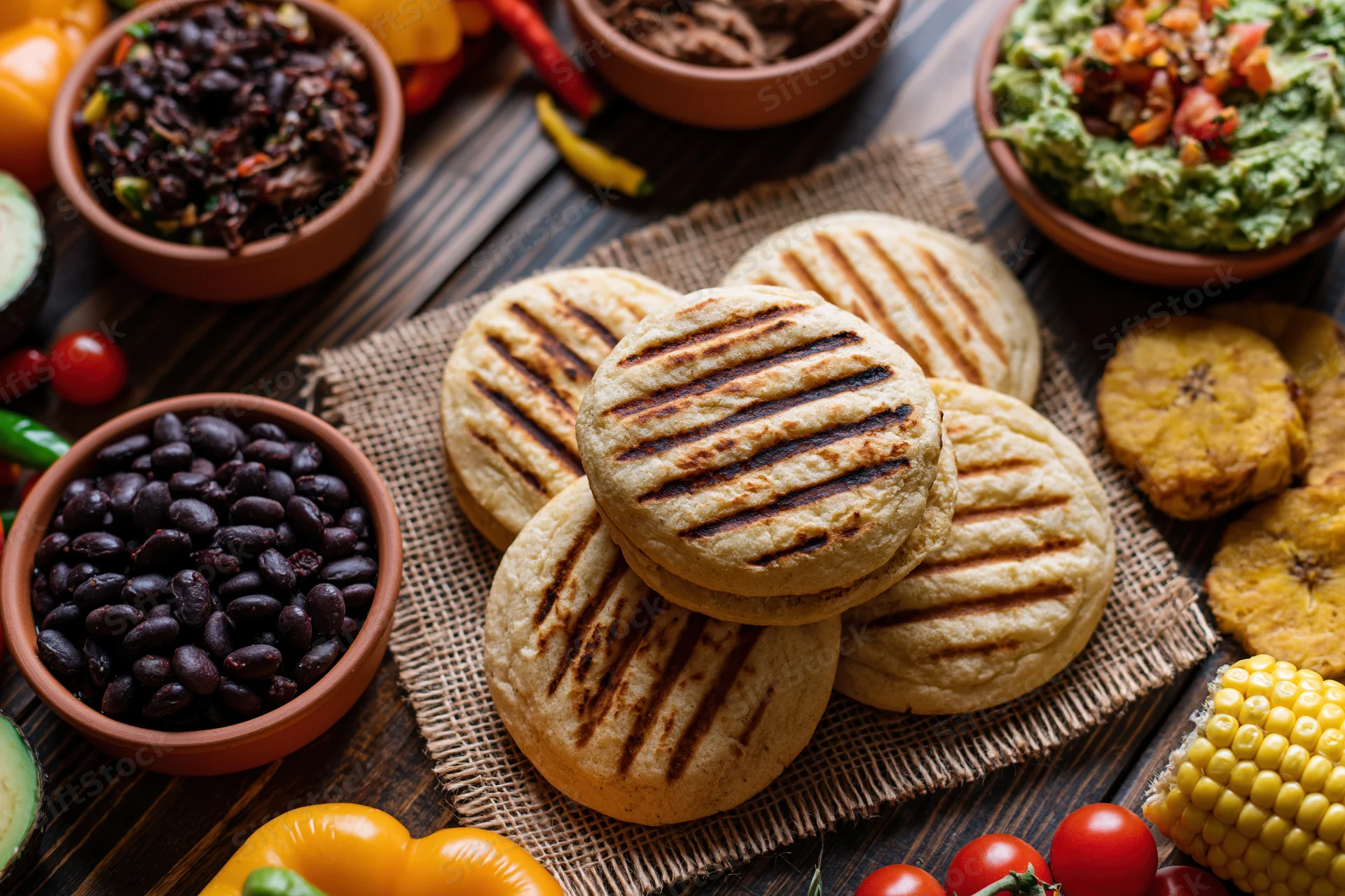 Grilled venezuelan arepas arranged on burlap with bowls of black beans, guacamole, plantains and vegetables on wooden table