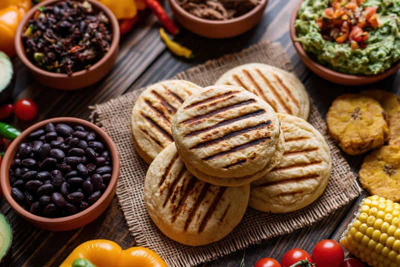 Grilled venezuelan arepas arranged on burlap with bowls of black beans, guacamole, plantains and vegetables on wooden table