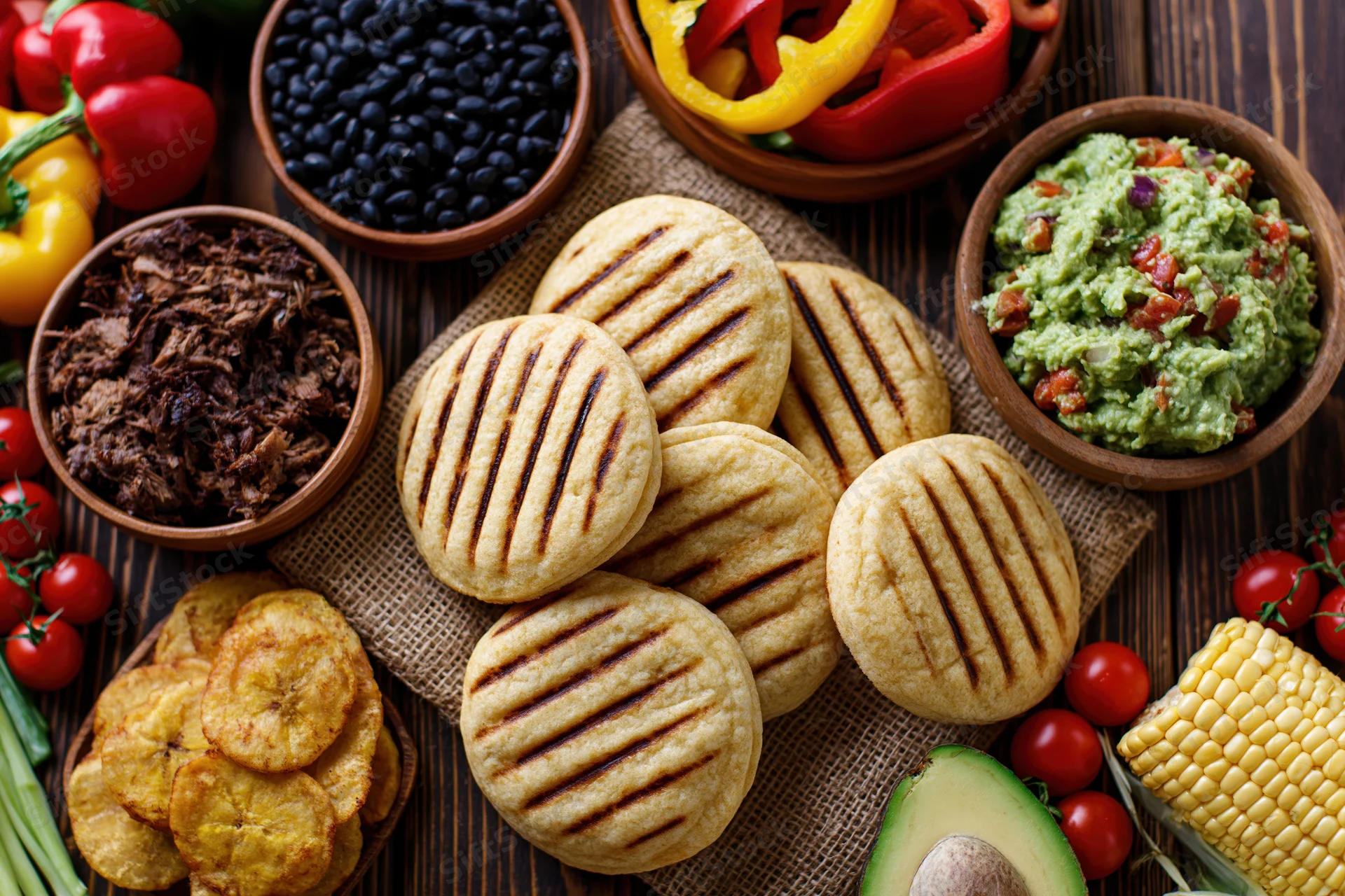 Grilled venezuelan arepas arranged on a wooden table with bowls of guacamole, black beans, shredded meat, peppers, tomatoes, corn, and plantains in a flat lay overhead view