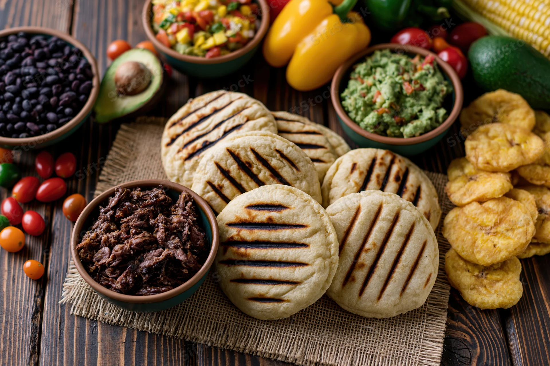 Grilled venezuelan arepas arranged on a wooden table with bowls of black beans, guacamole, salsa, and fried plantains