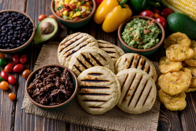 Grilled venezuelan arepas arranged on a wooden table with bowls of black beans, guacamole, salsa, and fried plantains