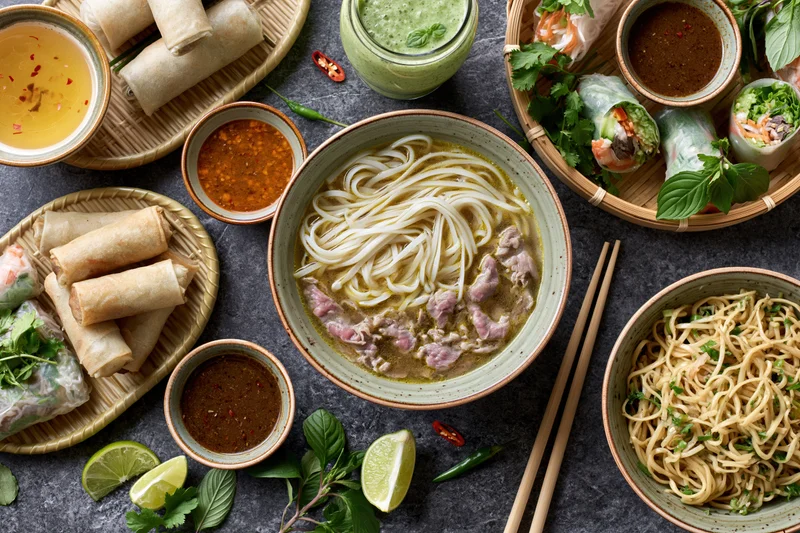 Vietnamese food spread with noodle soup, spring rolls, sauces and herbs on dark slate surface in overhead flat lay arrangement