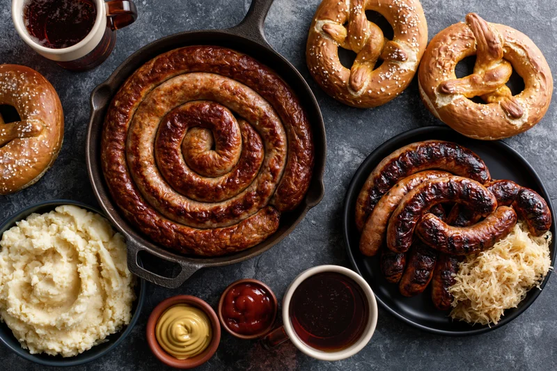 Spiral grilled sausage in cast iron skillet with pretzels, mashed potatoes, sauerkraut, and condiments on dark table